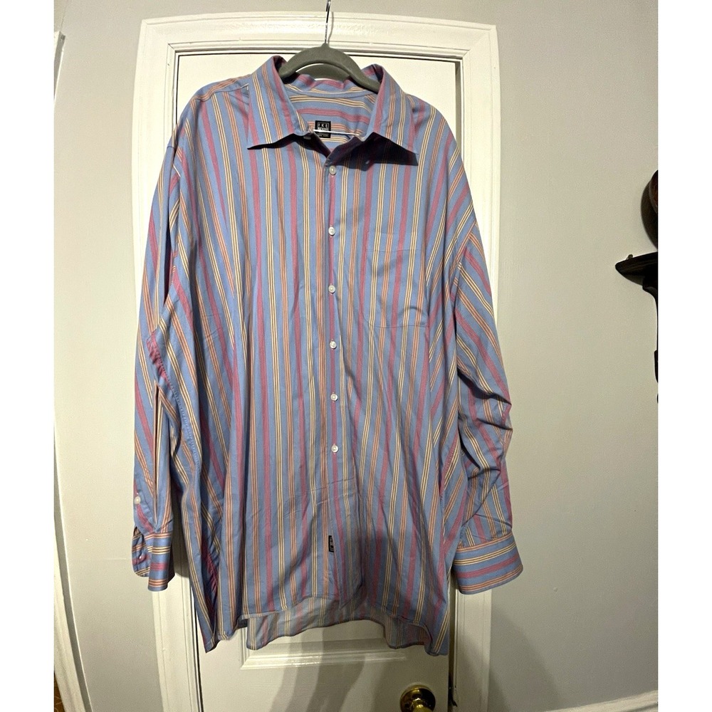 Ike Behar Dress Shirt Blue Multi-Stripe Non-Iron Point Collar 2XL 34/35